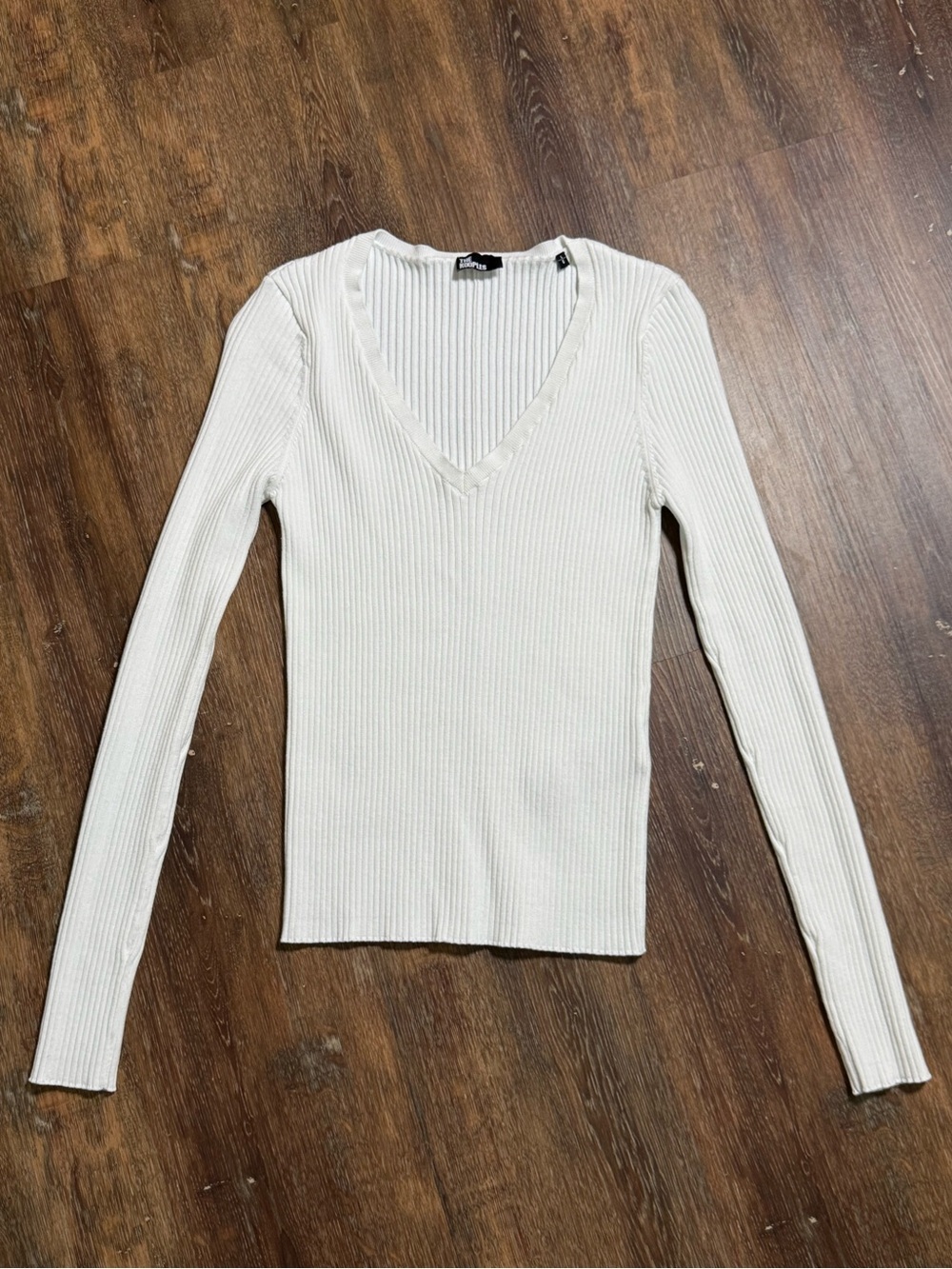 The Kooples | Ribbed V-Neck Sweater Fitted Knit Top | White | Size L